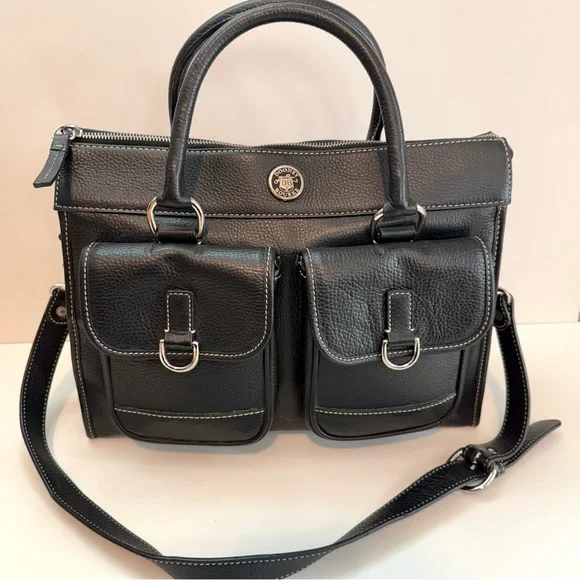 DOONEY & BOURKE Black Leather Double Pocket Tote Women's Satchel Shoulder Bag - Picture 3 of 11